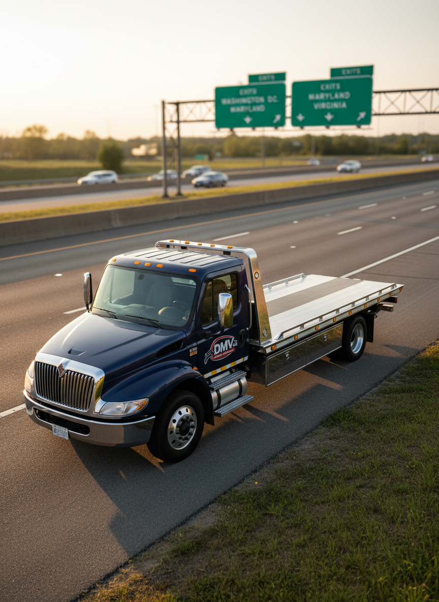 A clean, late-model flatbed tow truck with a glossy navy-blue cab and reflective safety striping, parked at an angle on the shoulder of a smooth highway. In the background, green highway signs indicate exits for Washington, D.C., Maryland, and Virginia, slightly out of focus to evoke the broader DMV area. The truck’s polished metal bed and neatly organized tool compartments convey reliability and professionalism. Soft golden-hour sunlight washes across the scene, creating warm highlights on the truck’s contours and gentle shadows on the pavement. Photographic realism, shot at eye level with a subtle wide-angle lens, emphasizing speed, readiness, and trustworthy roadside assistance in a clean, modern, businesslike mood.