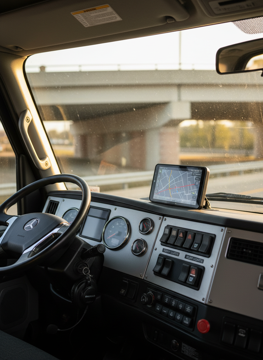 The interior of a tow truck cab, photographed from the passenger side, showcasing a spotless dashboard with a mounted smartphone-style navigation screen displaying a generic DMV map, and neatly labeled control switches for lights and winch. A hands-free headset rests on the seat, symbolizing responsive customer service without showing any people. Afternoon light filters through the windshield, creating soft reflections on the glass and subtle highlights on the steering wheel and instruments. Outside the glass, the blurred outline of a Maryland-style highway overpass suggests location. Photographic realism, centered composition with a medium depth of field, creating a professional, organized, and efficient atmosphere ideal for a service-oriented business site.
